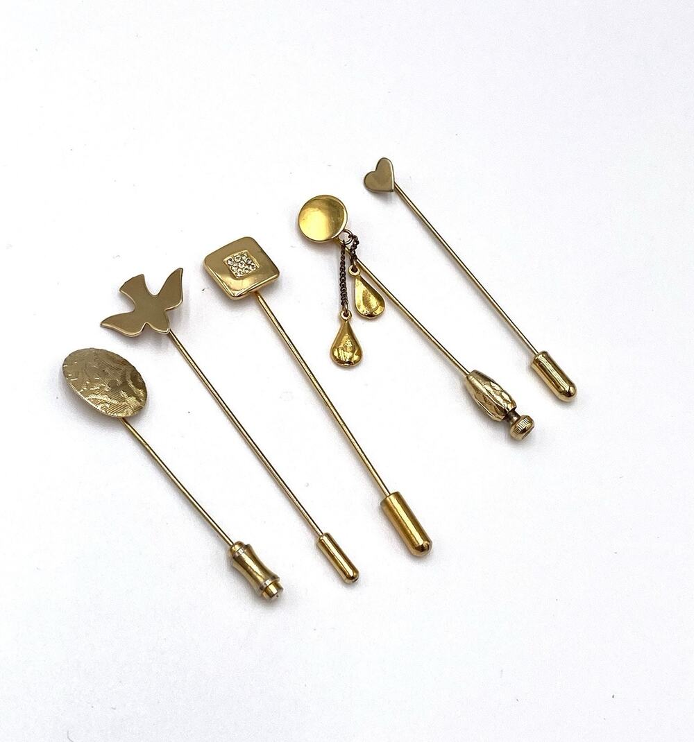 Stick Pins Lot of 5 Vintage Pins Stones Estate Gold Tone